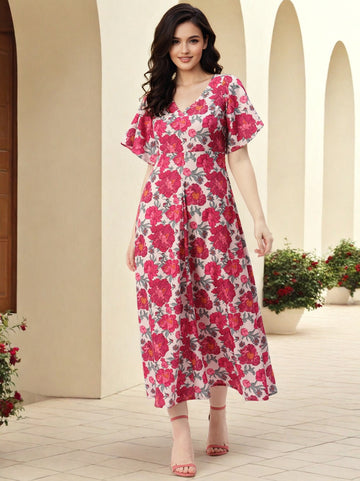 Floral Print V Neck Sleeveless Fit Flare Gathered Or Pleated Maxi Dress