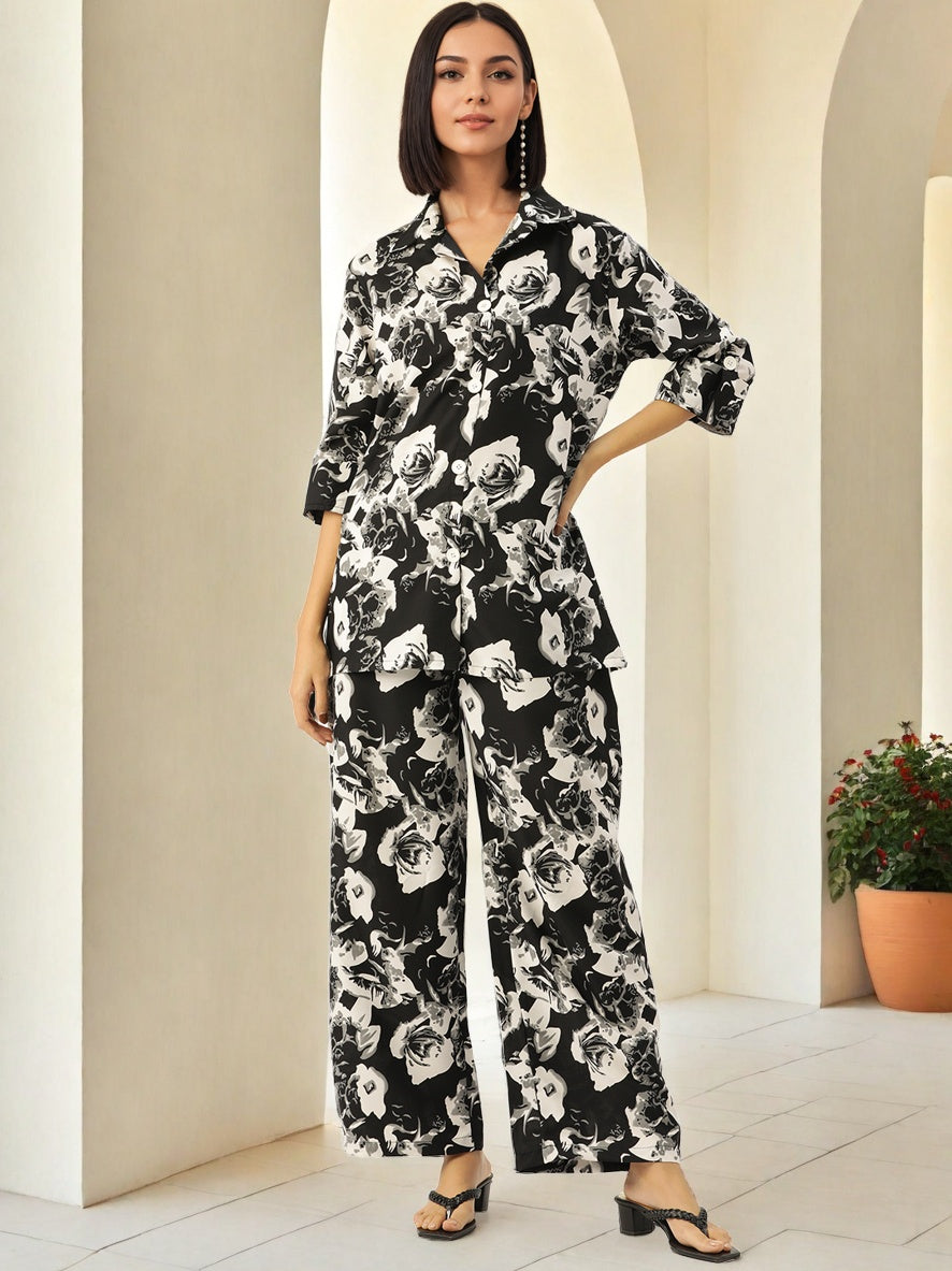 Abstract Printed Roll Up Sleeve Shirt Trouser