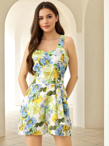 Printed V Neck Waist Tie Ups Playsuit