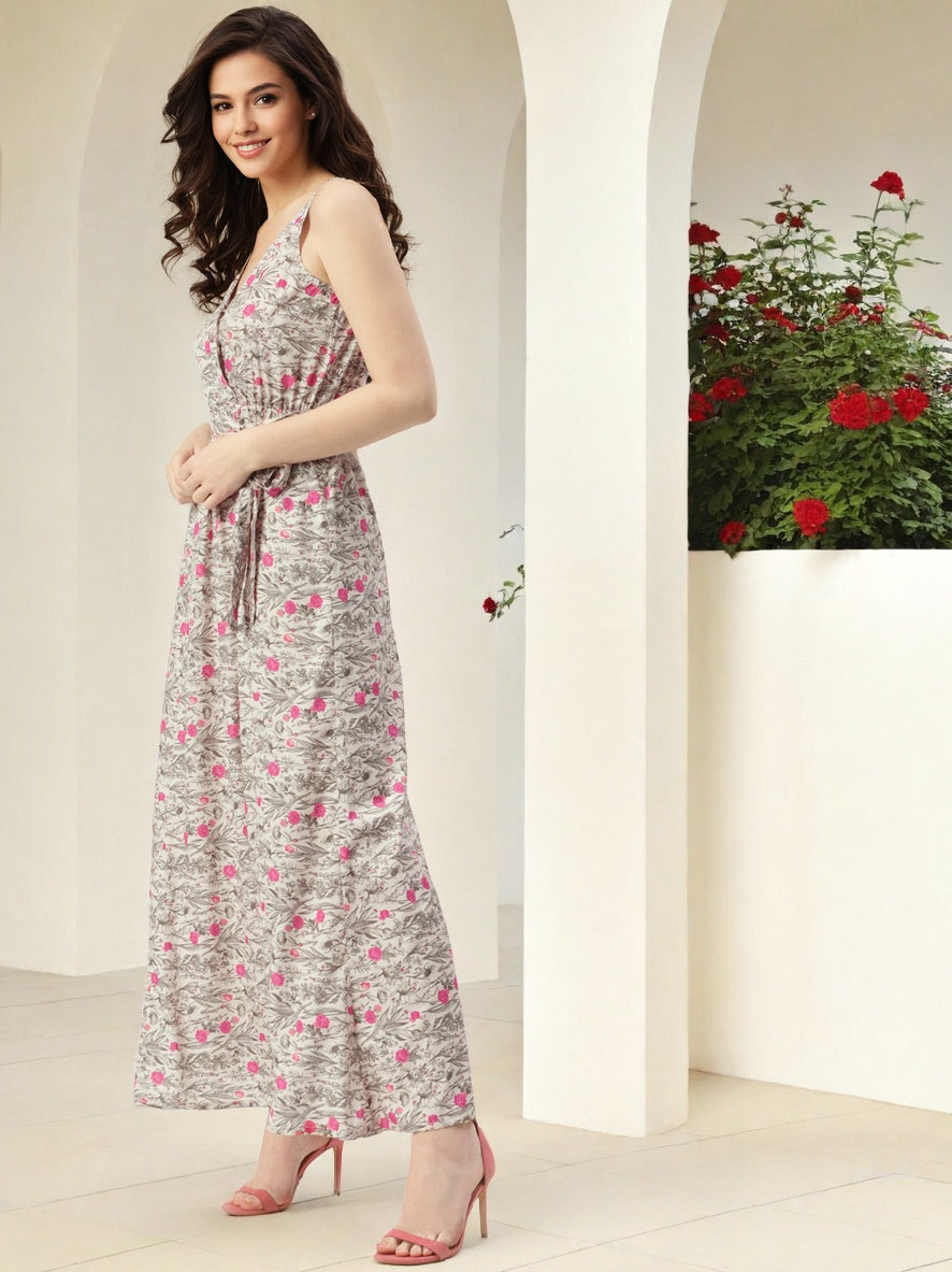 Floral Printed V Neck Sleeveless Crepe Maxi Dress