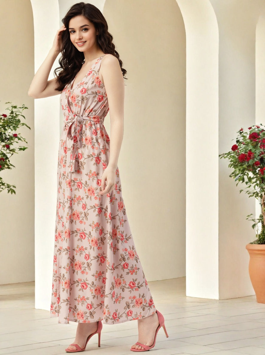 Floral Printed V Neck Sleeveless Crepe Maxi Dress 1