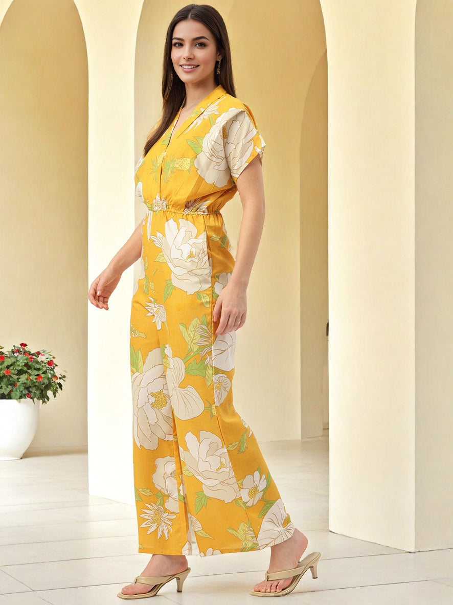 Basic Short Sleeves Waist Tie Ups Jumpsuit