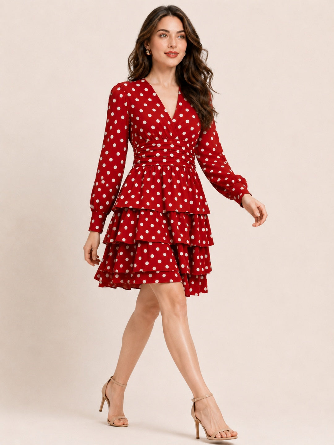 Sleek Italia red Polka Dot Print Ruffled Crepe Mini Dress