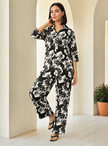 Abstract Printed Roll Up Sleeve Shirt Trouser