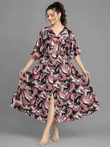 Sleek Italia Multi Brown Floral Print Kimono Sleeve Kaftan Maxi Dress