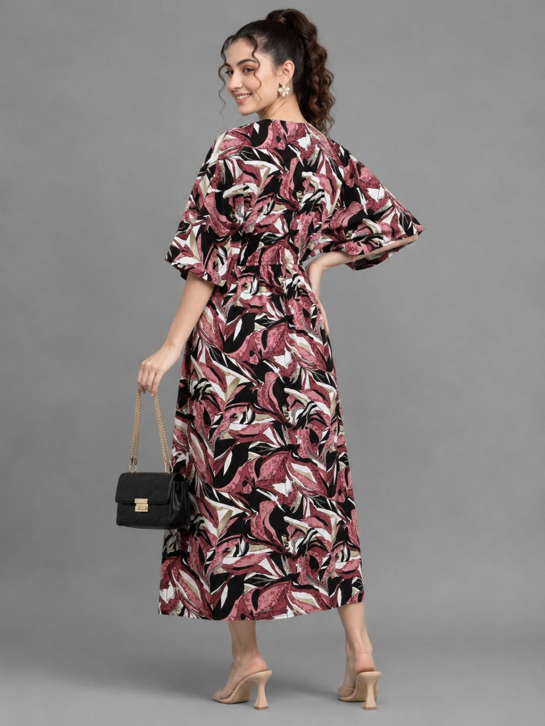 Sleek Italia Multi Brown Floral Print Kimono Sleeve Kaftan Maxi Dress