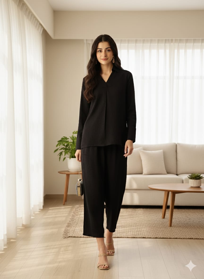 Sleek Italia Crinkled Effect Shirt Collar Co-ords