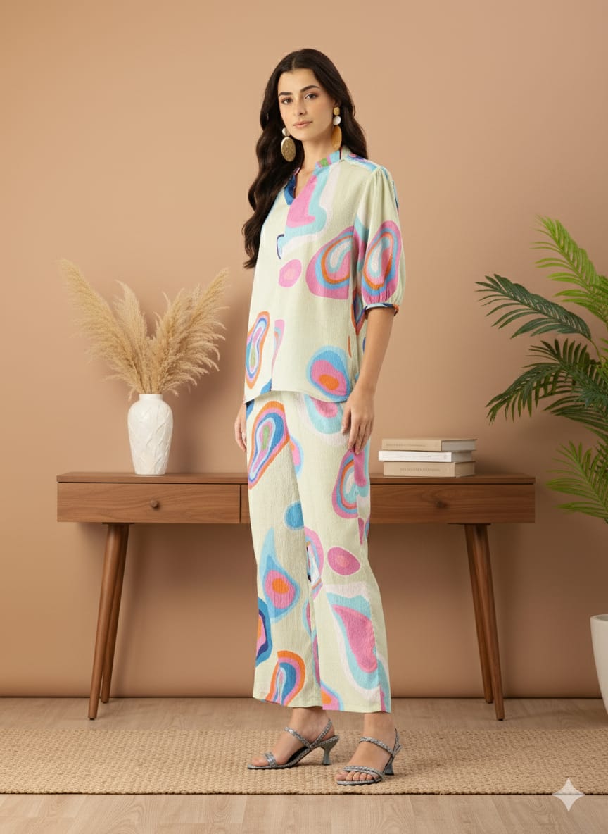 Sleek Italia Abstract Printed Crinkled Effect Mandarin Collar Co-ords