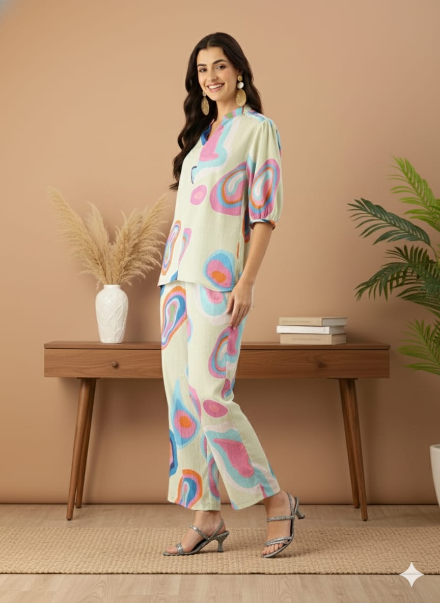 Sleek Italia Abstract Printed Crinkled Effect Mandarin Collar Co-ords