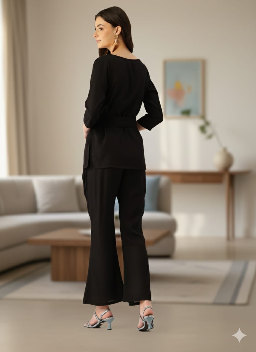 Sleek Italia Crinkled Effect Mandarin Collar Puff Sleeves Co-ords