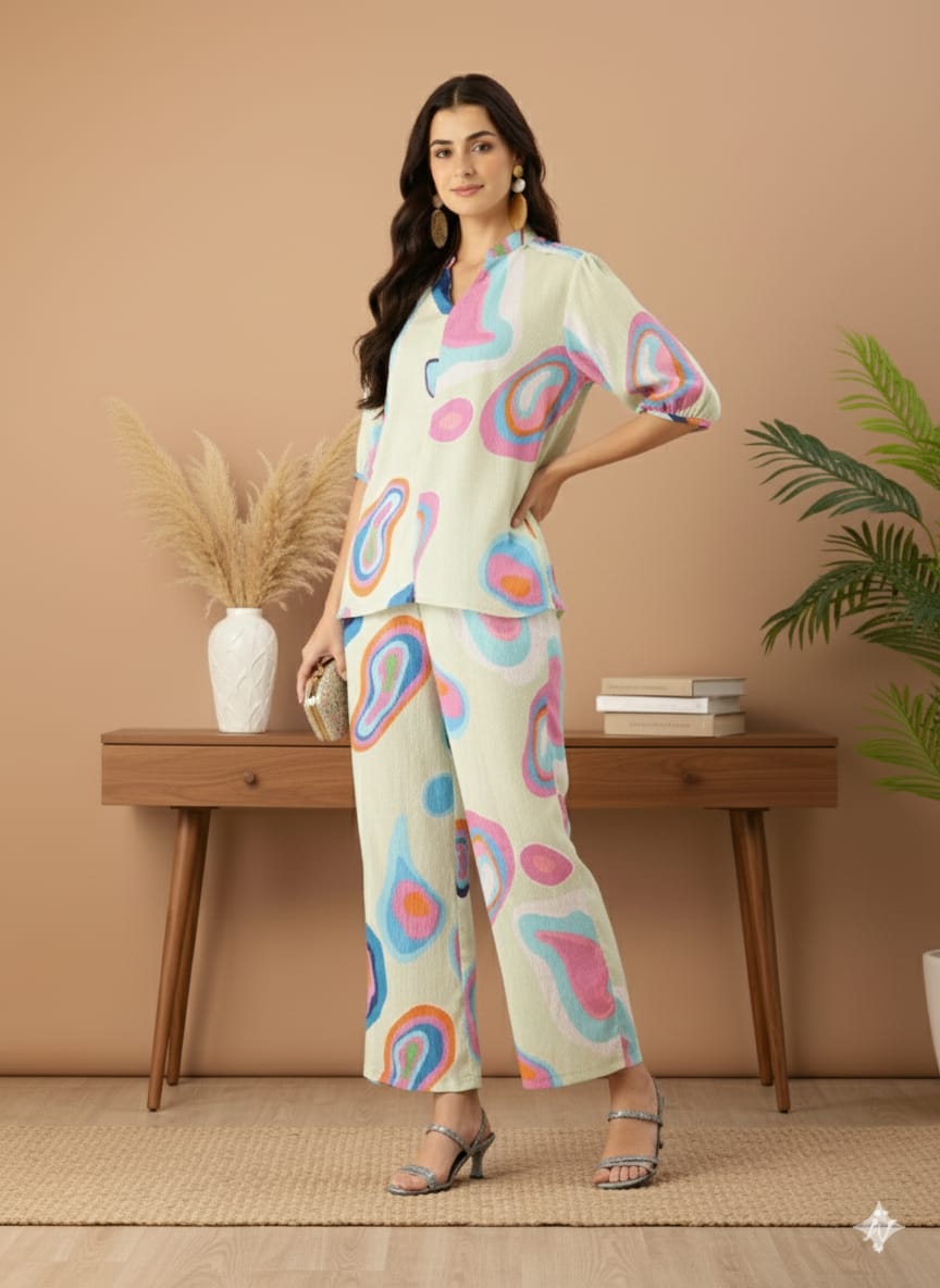 Sleek Italia Abstract Printed Crinkled Effect Mandarin Collar Co-ords