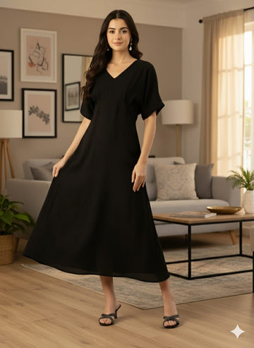 Sleek Italia Crepe V-Neck A-Line Midi Dress