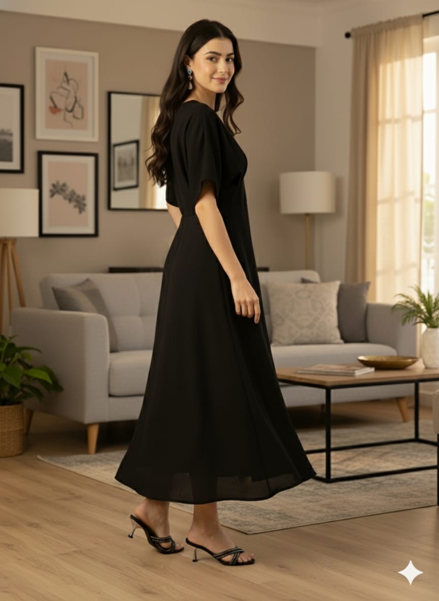 Sleek Italia Crepe V-Neck A-Line Midi Dress