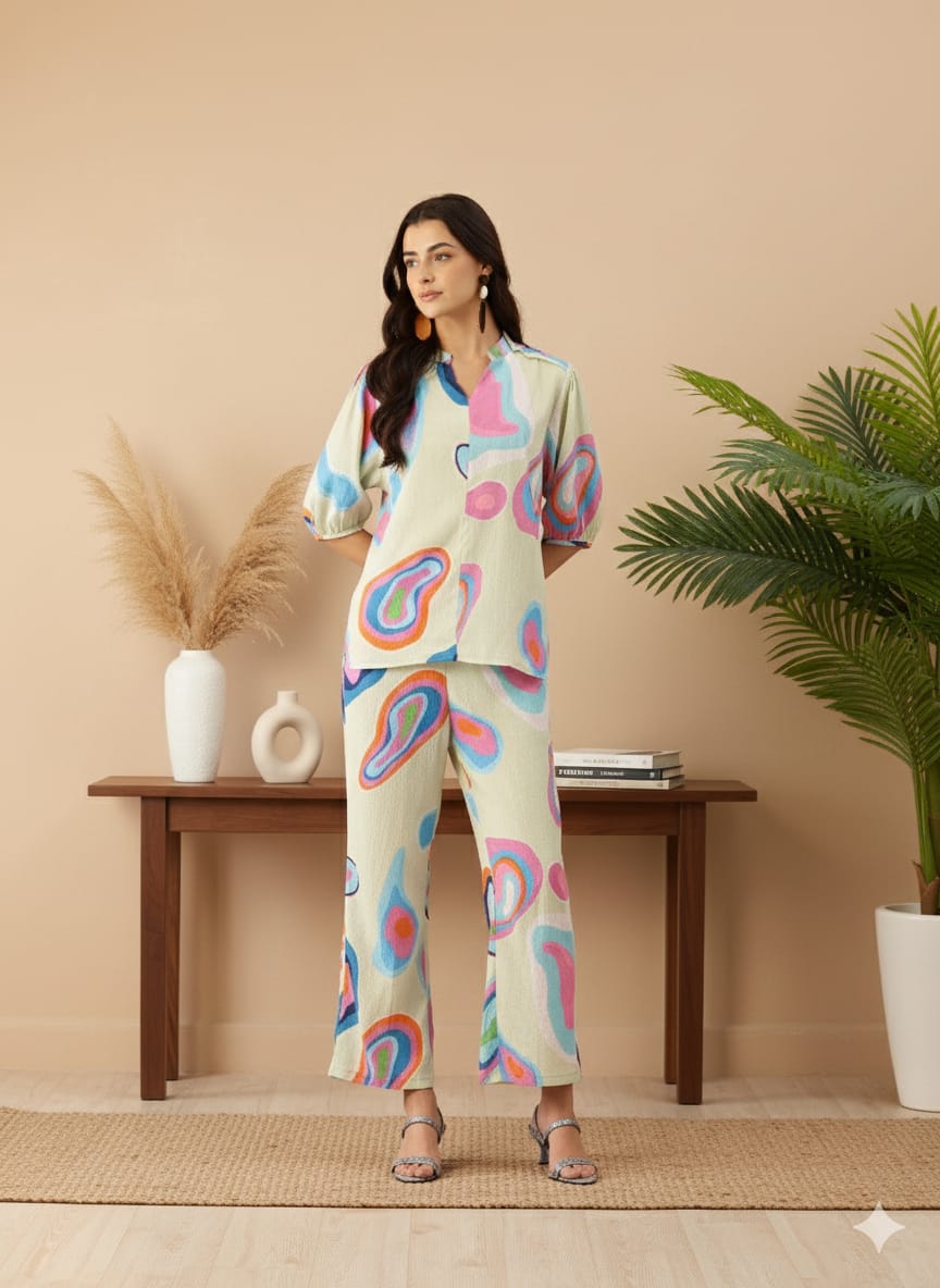 Sleek Italia Abstract Printed Crinkled Effect Mandarin Collar Co-ords
