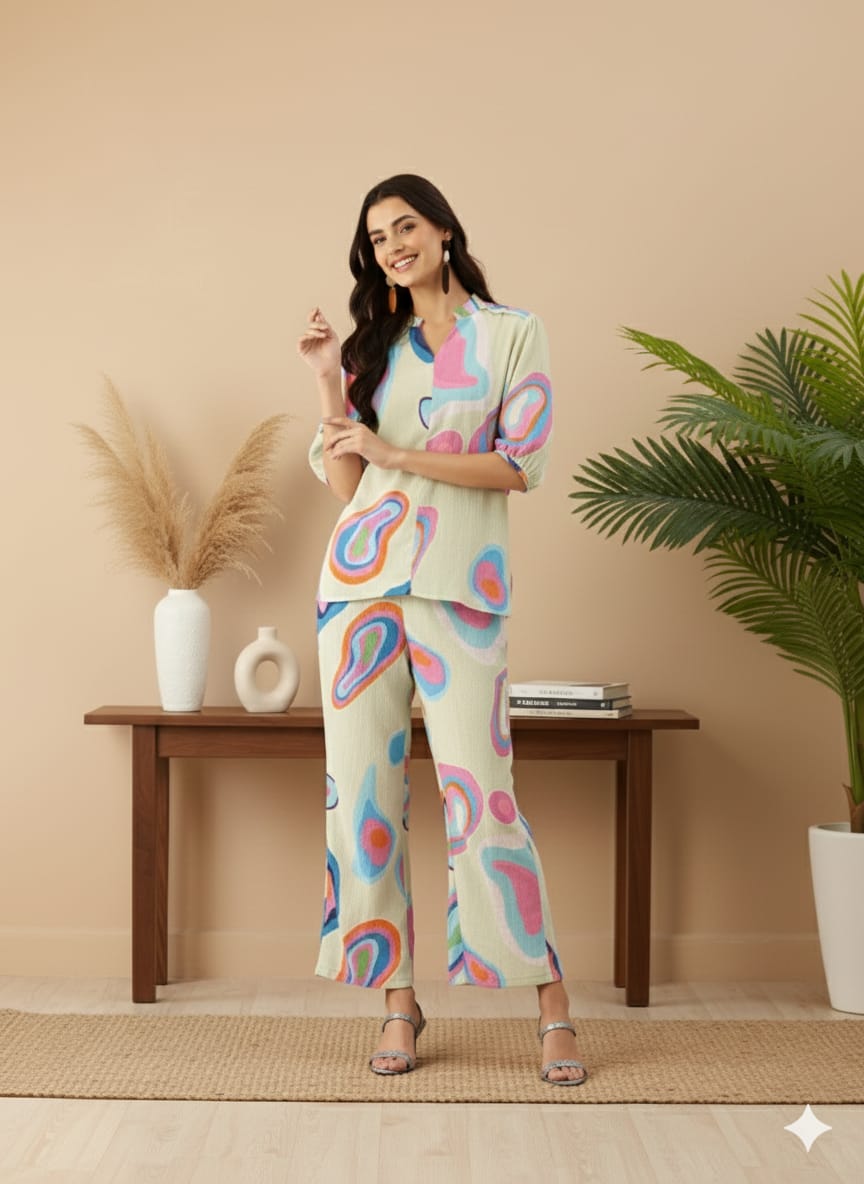 Sleek Italia Abstract Printed Crinkled Effect Mandarin Collar Co-ords