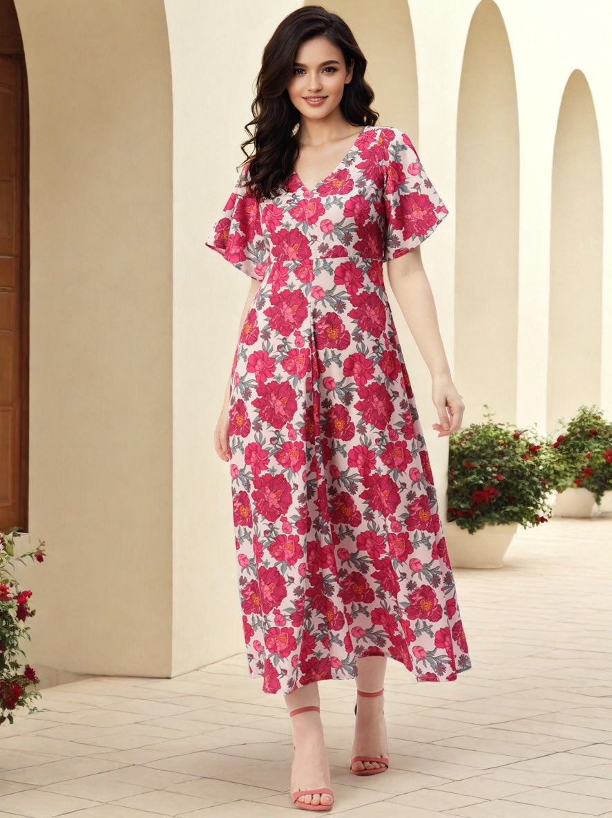 Floral Print V Neck Sleeveless Fit Flare Gathered Or Pleated Maxi Dress