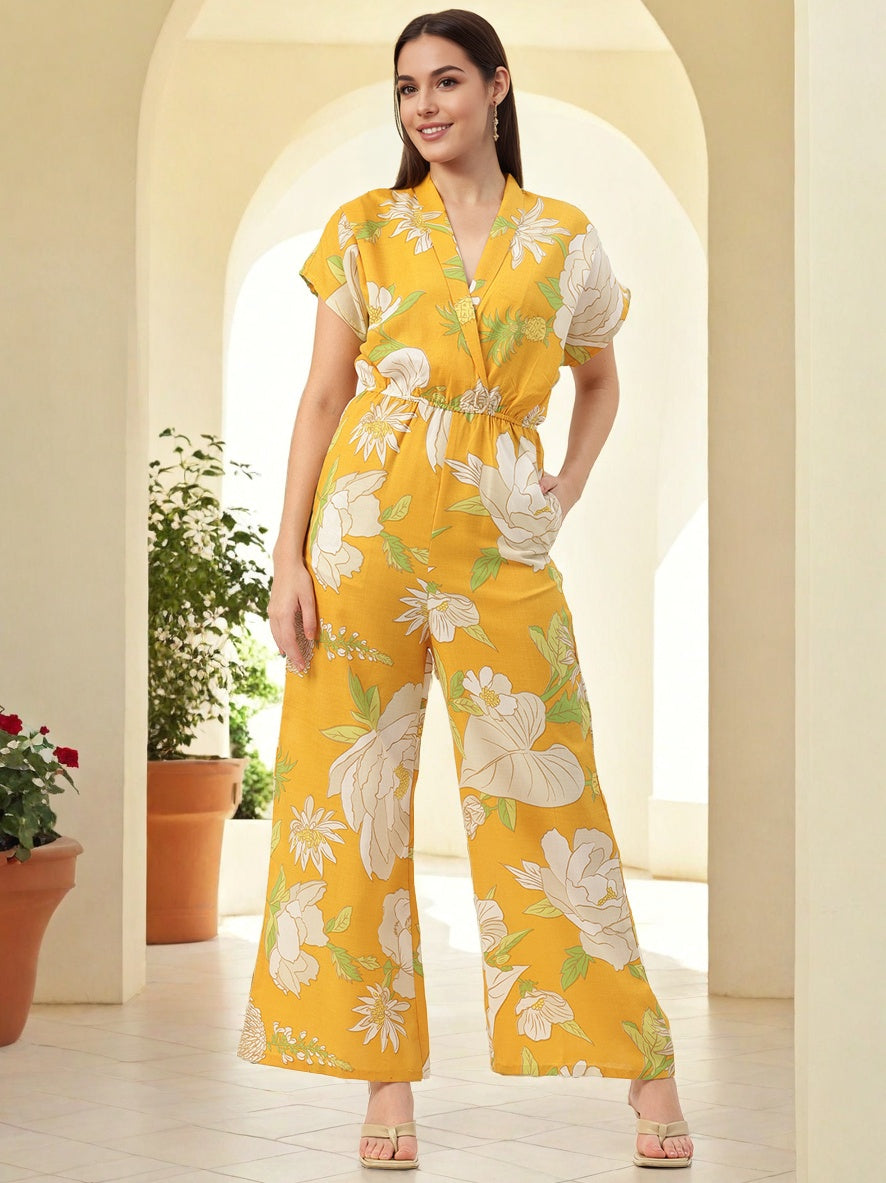 Basic Short Sleeves Waist Tie Ups Jumpsuit