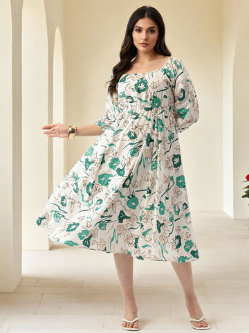 Floral Print Off Shoulder Puff Sleeve A Line Midi Dress 2