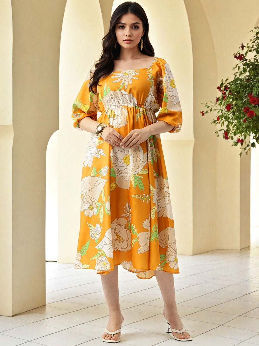 Floral Print Off Shoulder Puff Sleeve A Line Midi Dress