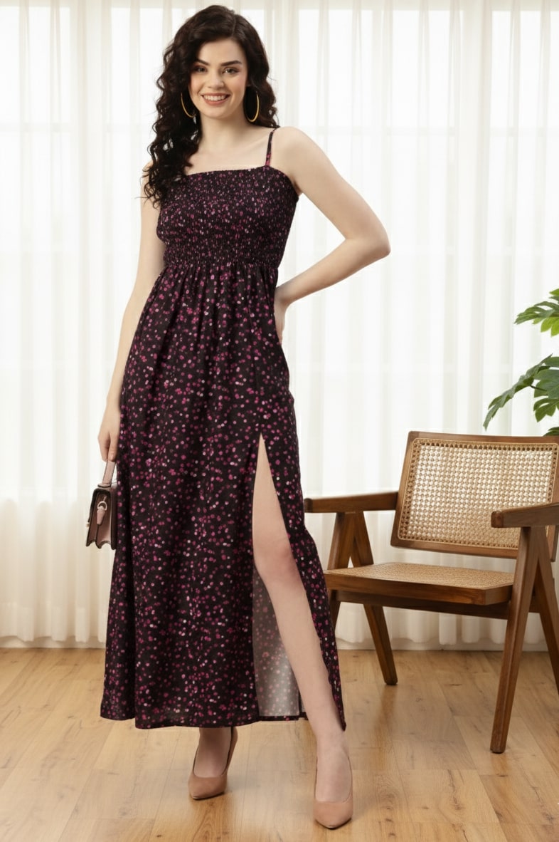 Sleek Italia Floral Printed Shoulder Straps Crepe Maxi Dress