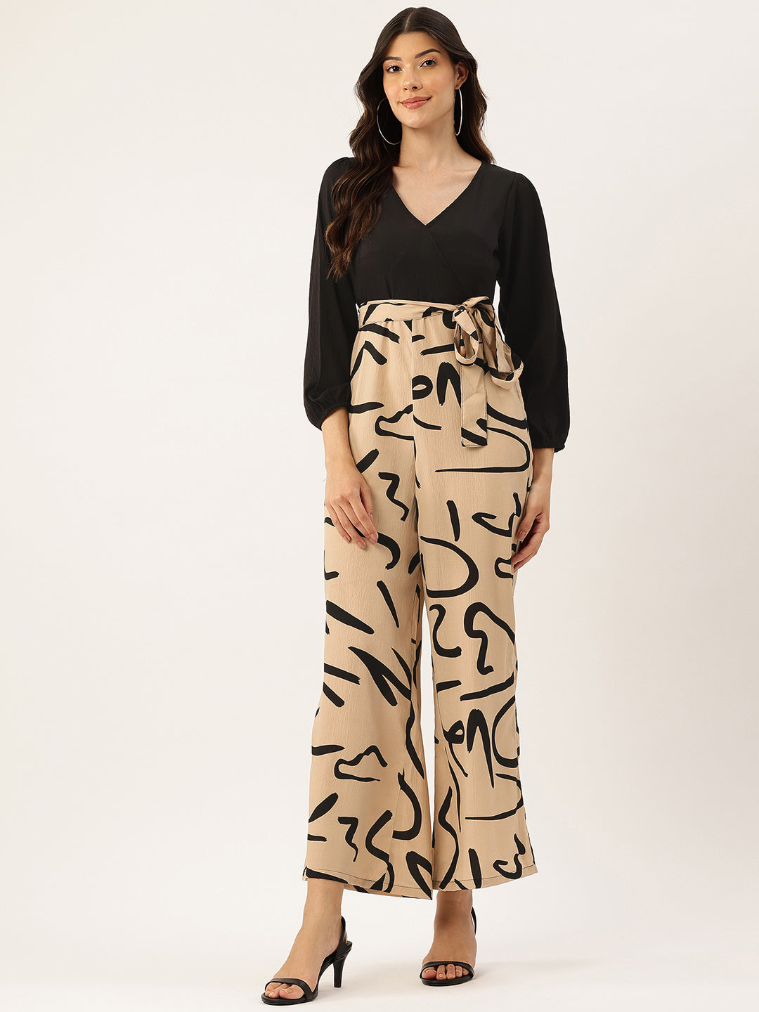 Sleek Italia Beige & Black Abstract Printed Basic Jumpsuit