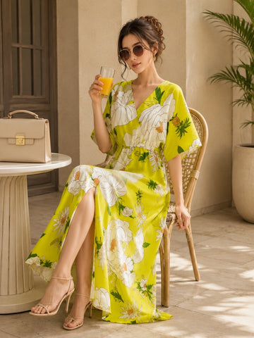 Sleek Italia Yellow Floral Print Kimono Sleeve Kaftan Maxi Dress