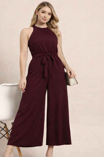 Sleek Italia Burgundy Solid Halter Neck Basic Jumpsuit