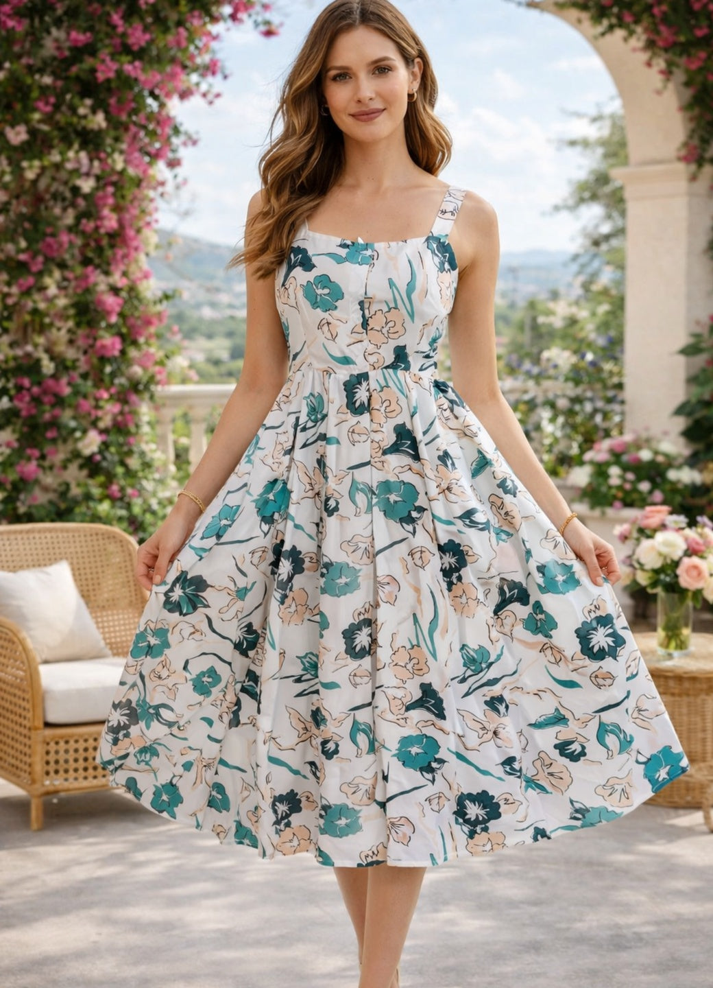 Sleek Italia White Floral Crepe Dress