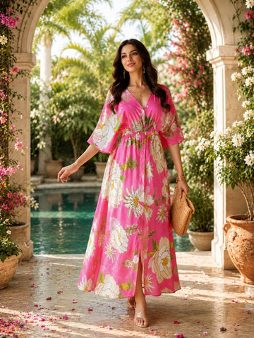 Sleek Italia Floral Print Kimono Sleeve Kaftan Maxi Dress
