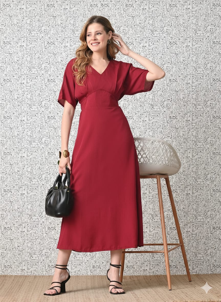 Sleek Italia Kimono Sleeve Maroon Crepe A-Line Midi Dress