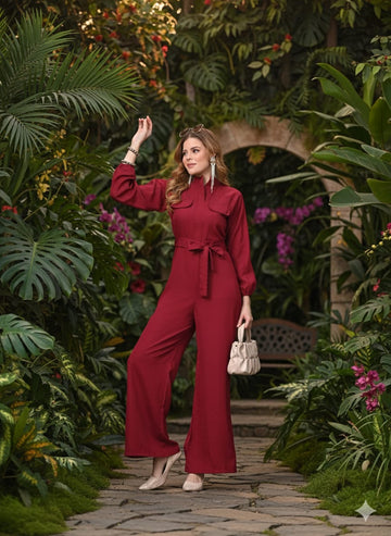 Sleek Italia Maroon Mandarin Collar Long Sleeves Waist Tie-Ups Basic Jumpsuit