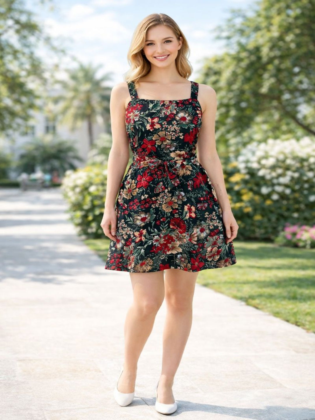 Sleek Italia Floral Print Crepe Fit & Flare Dress