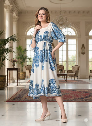 Sleek Italia White and Blue Print Crepe Fit & Flare Midi Dress