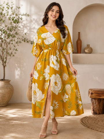 Sleek Italia Mustard Floral Print Kimono Sleeve Kaftan Maxi Dress