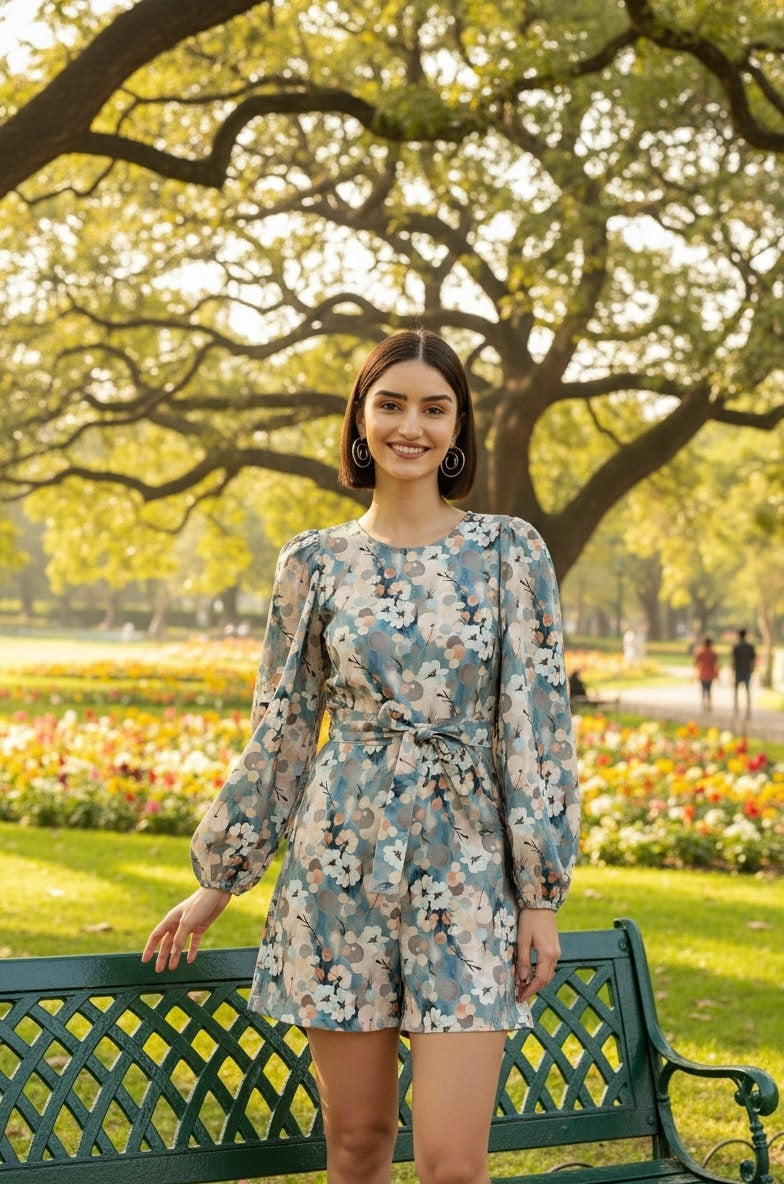 Sleek Italia Floral Printed Puff Sleeves Jumpsuit