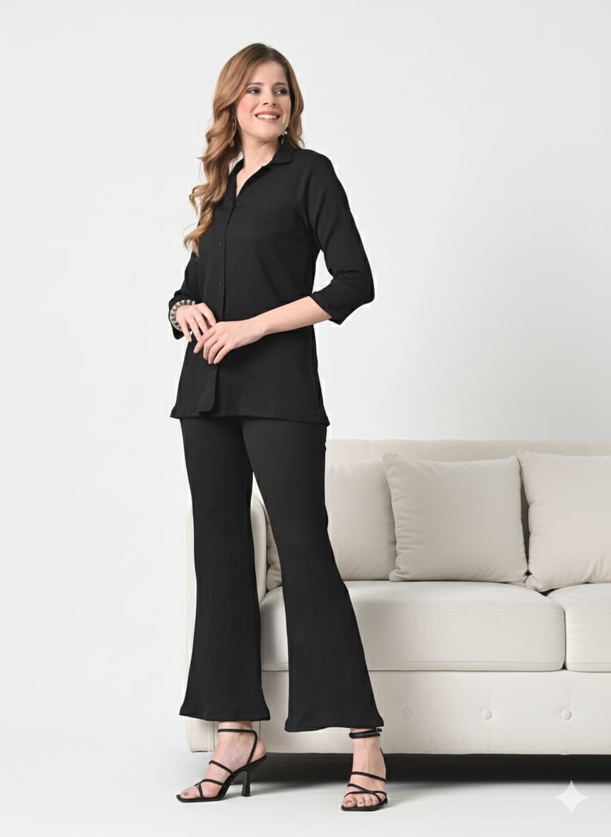 Sleek Italia Black Shirt Collar Shirt & Trousers Co-Ords