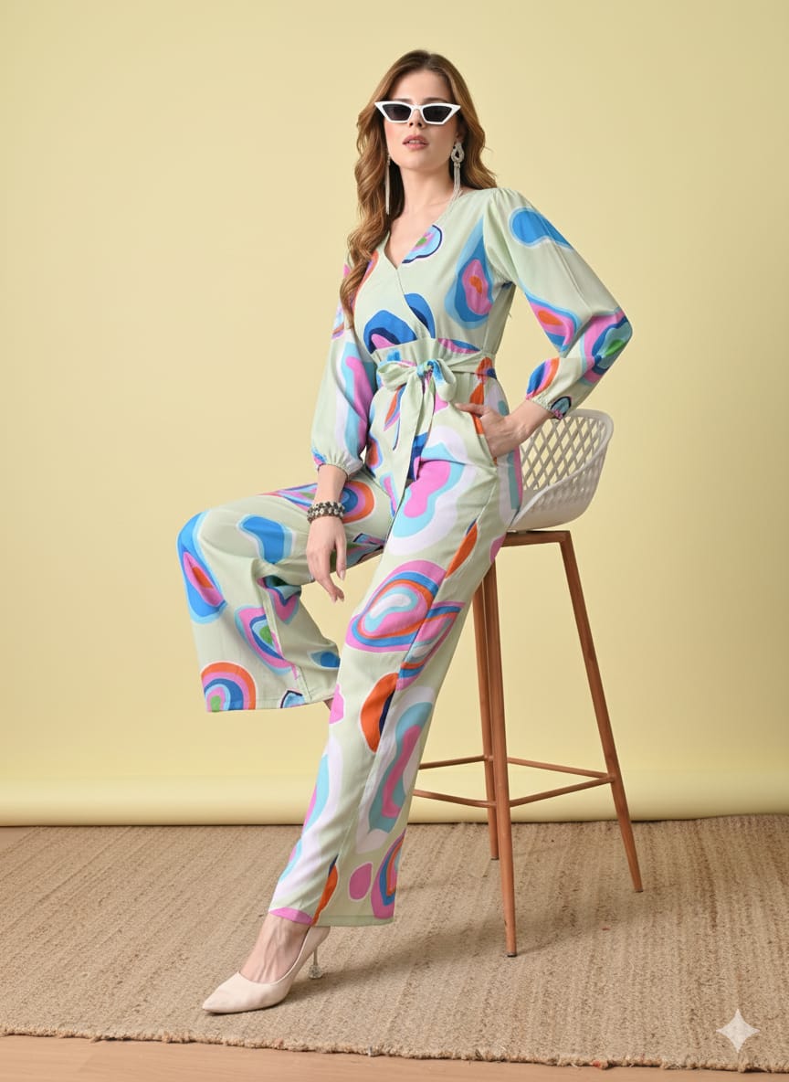 Sleek Italia Printed V Neck Long Sleeves Waist Tie-Ups Basic Jumpsuit