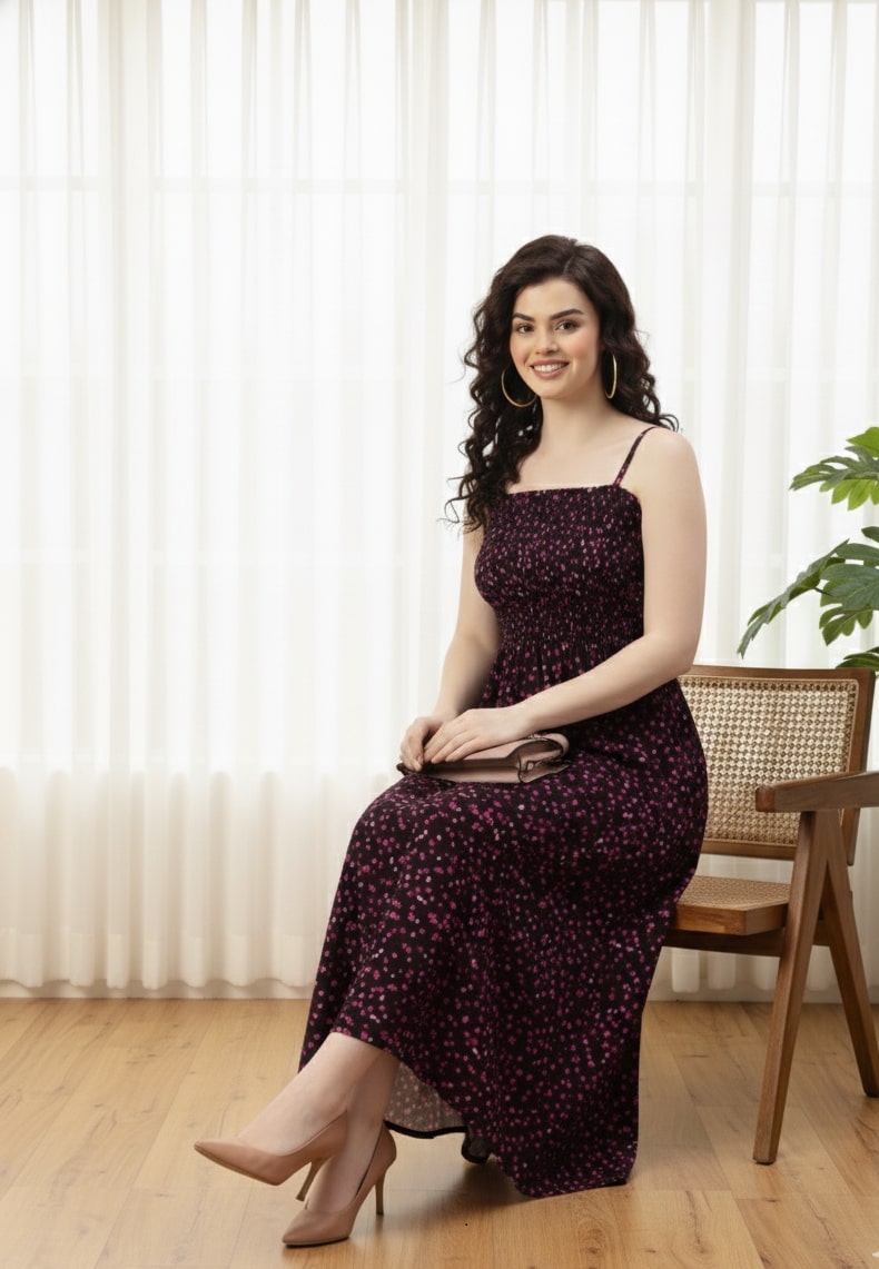 Sleek Italia Floral Printed Shoulder Straps Crepe Maxi Dress