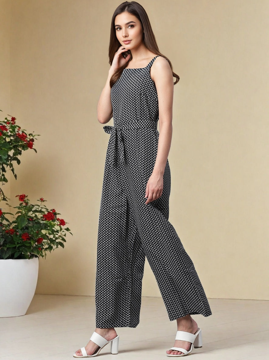 Printed Shoulder Straps Waist Tie Ups Jumpsuit