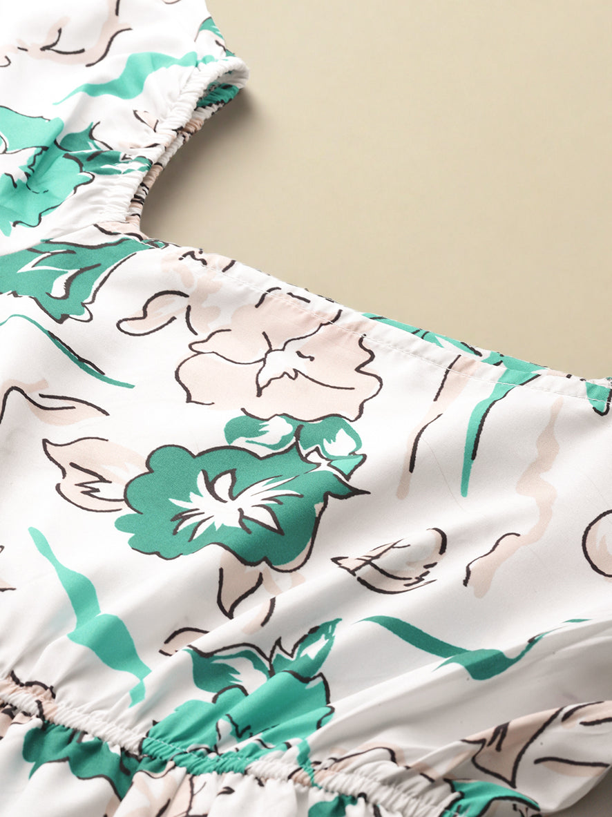 Floral Print Off Shoulder Puff Sleeve A Line Midi Dress 2