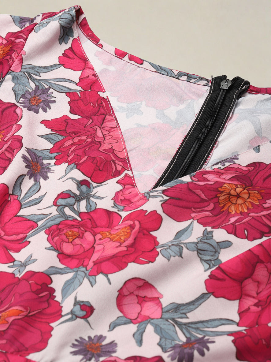 Floral Print V Neck Sleeveless Fit Flare Gathered Or Pleated Maxi Dress
