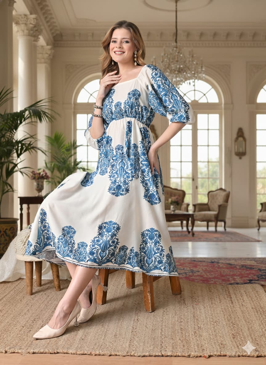 Sleek Italia White and Blue Print Crepe Fit & Flare Midi Dress