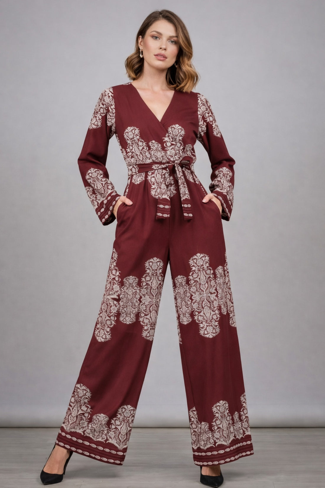 Sleek Italia Printed Maroon Basic Jumpsuit