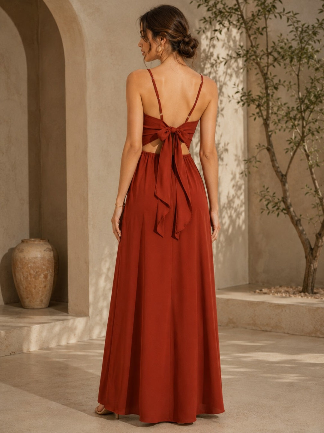 Sleek Italia Crepe Rust Solid Maxi Dress