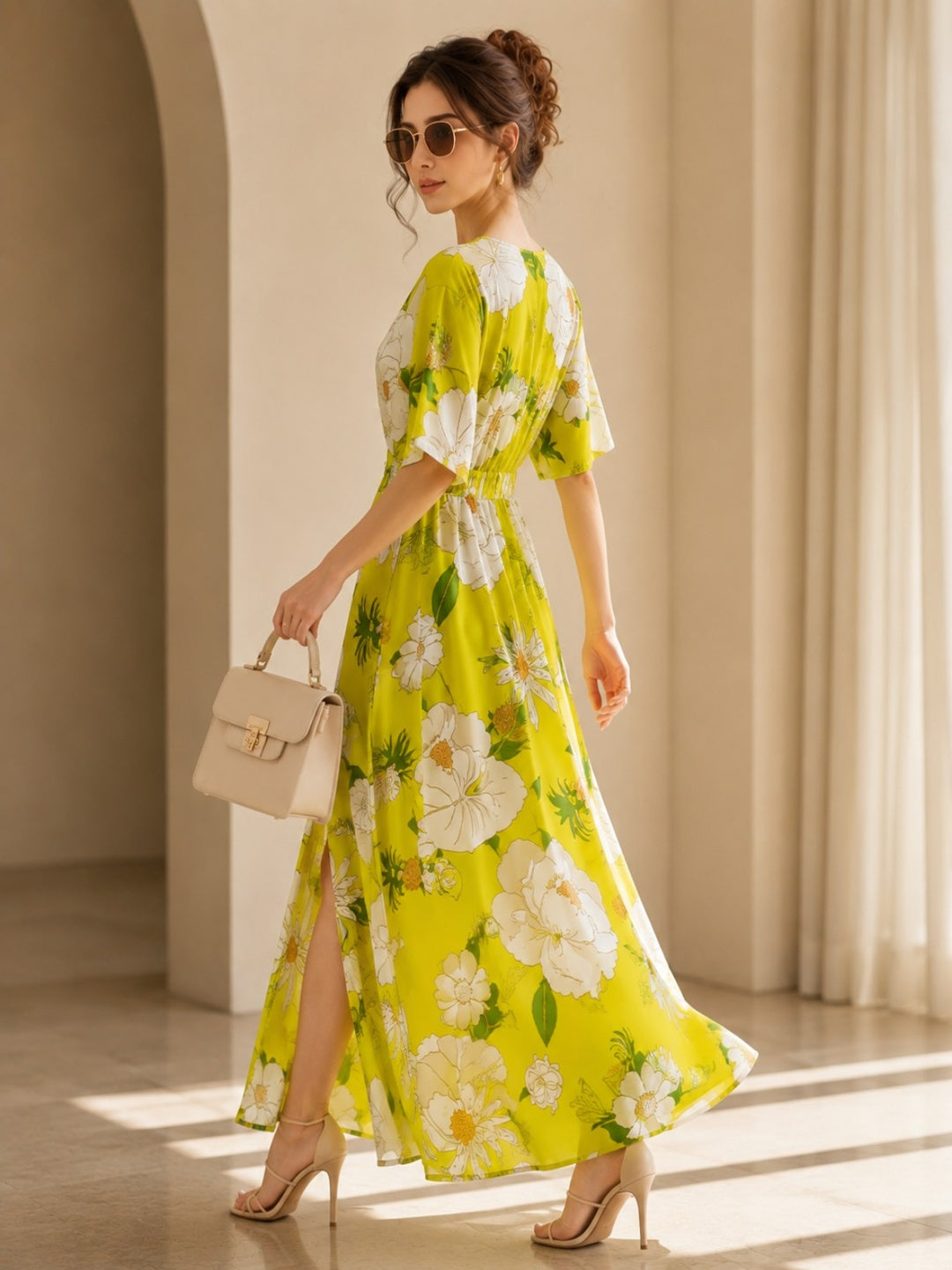 Sleek Italia Yellow Floral Print Kimono Sleeve Kaftan Maxi Dress