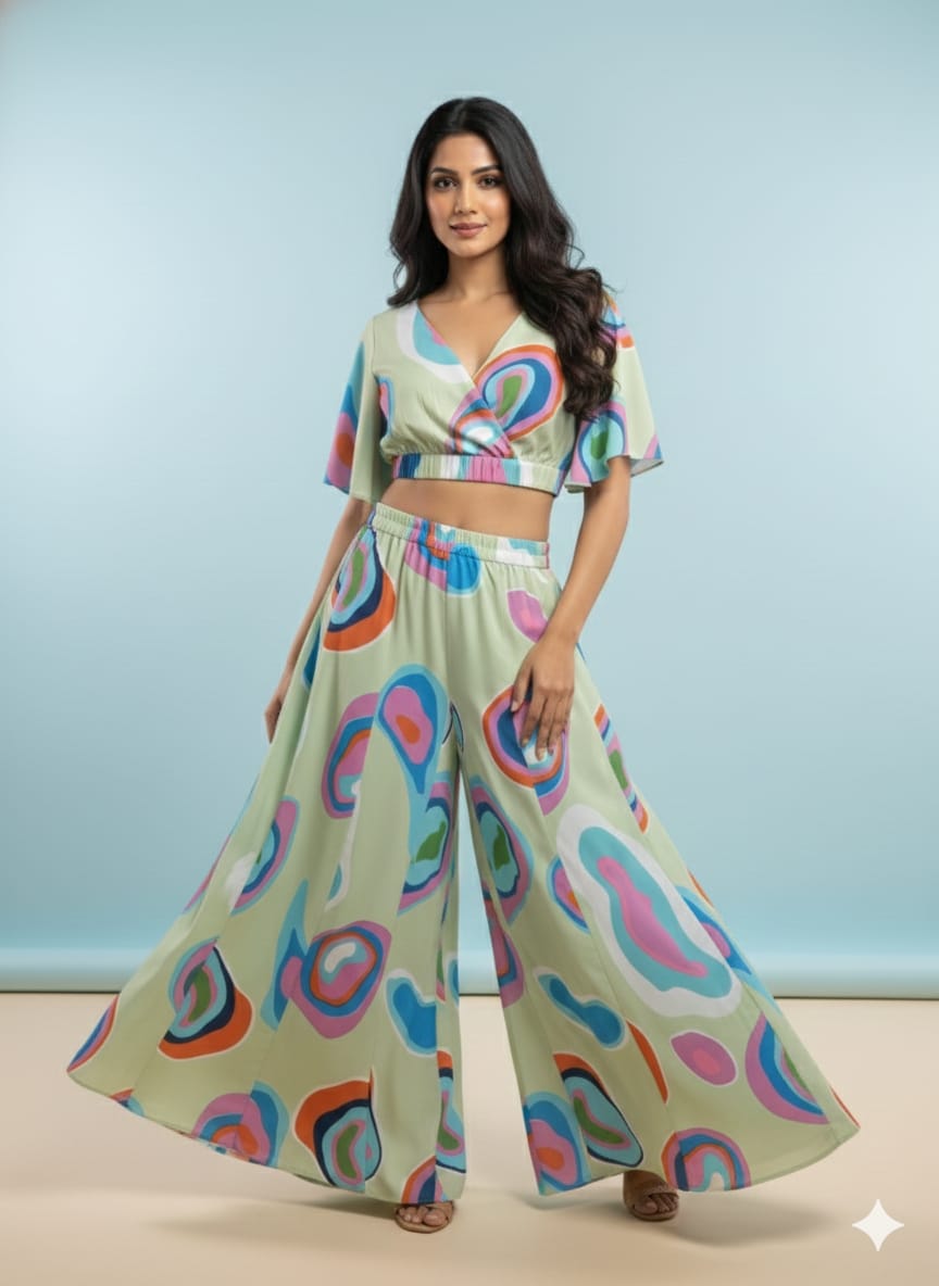 Sleek Italia Women Printed V-Neck Top & Skirt Co-Ords