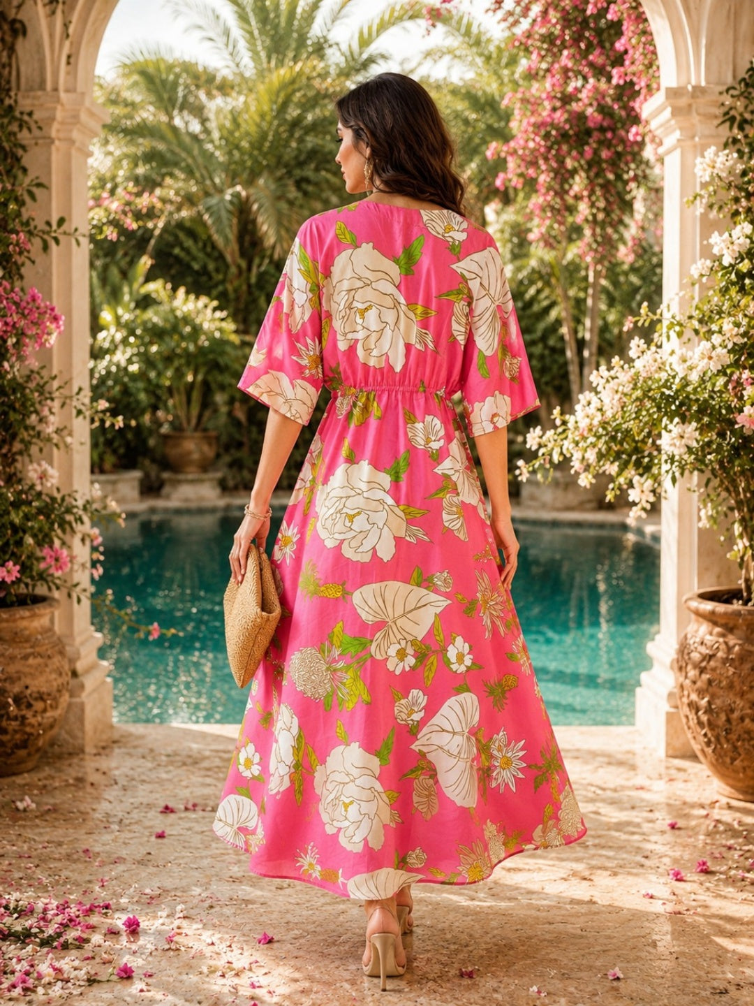 Sleek Italia Floral Print Kimono Sleeve Kaftan Maxi Dress