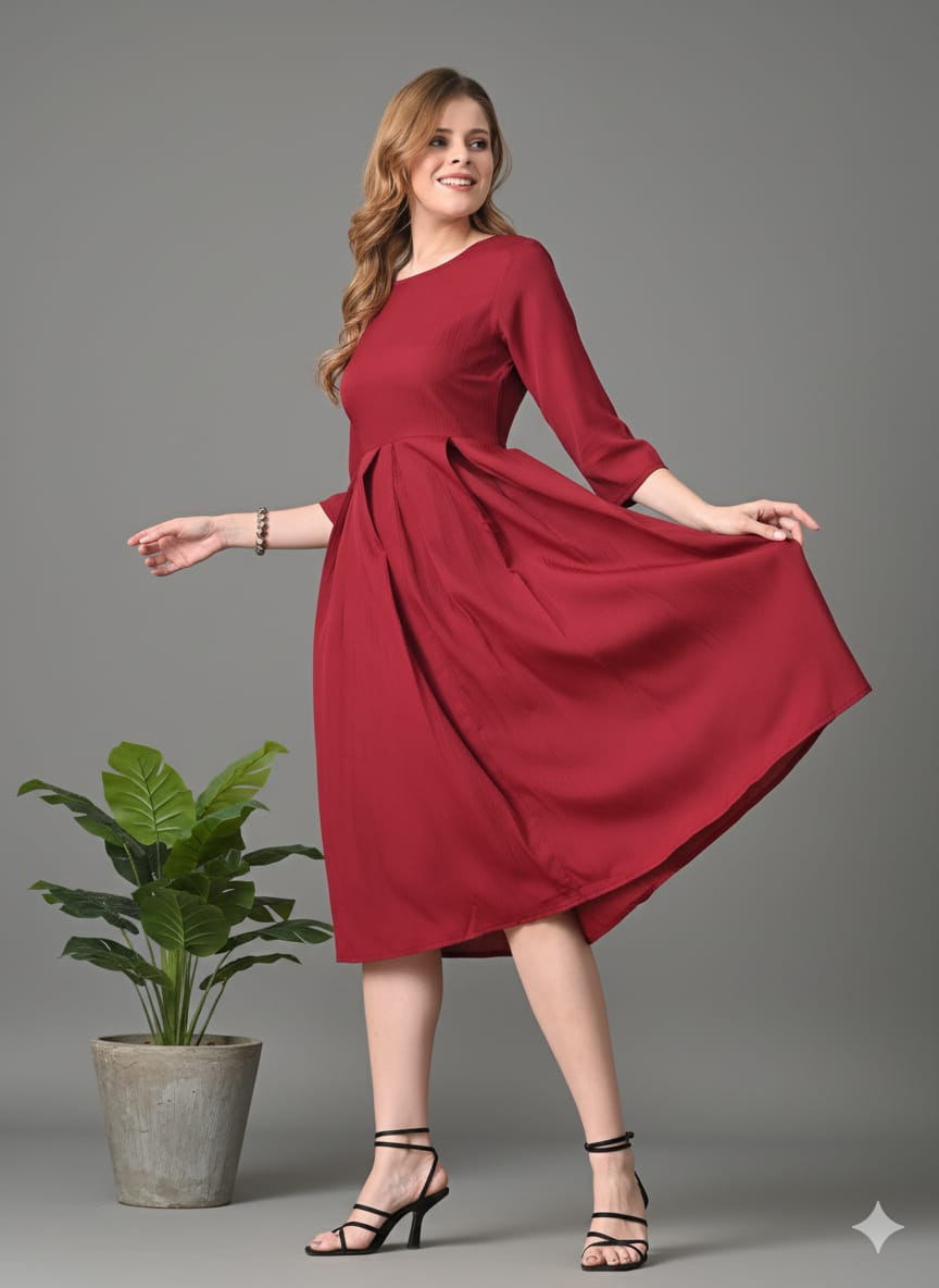 Sleek Italia Maroon Crepe Fit & Flare Midi Dress