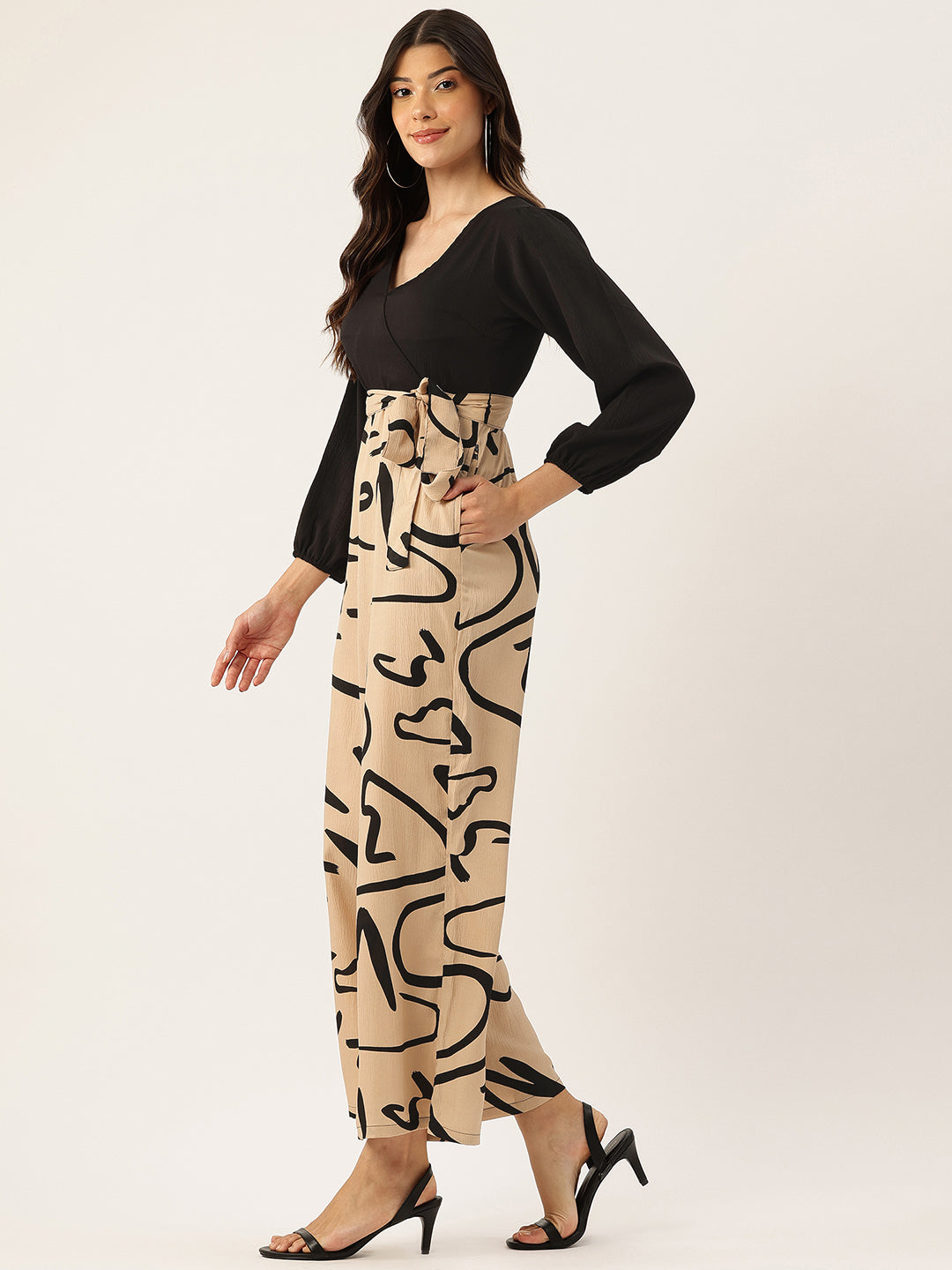 Sleek Italia Beige & Black Abstract Printed Basic Jumpsuit