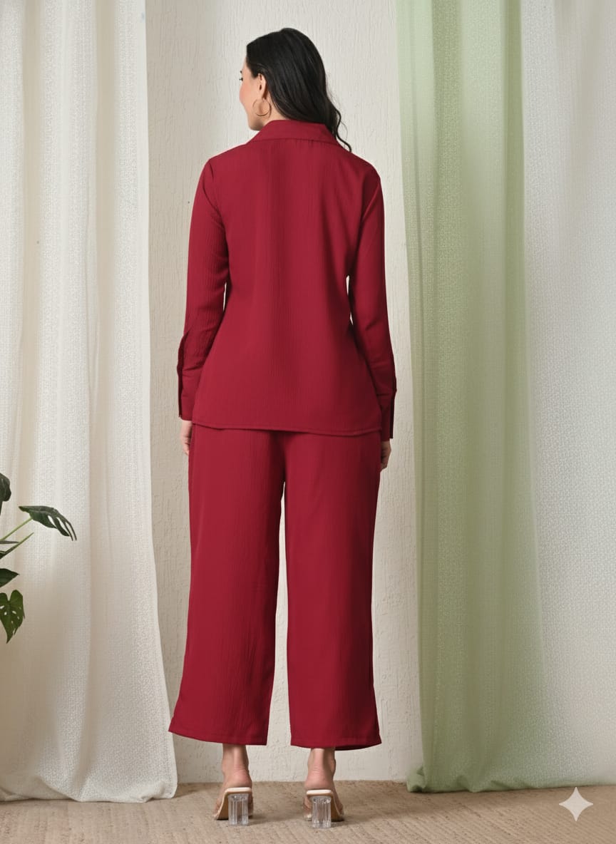 Sleek Italia Maroon Shirt Collar Top & Trousers Co-Ords